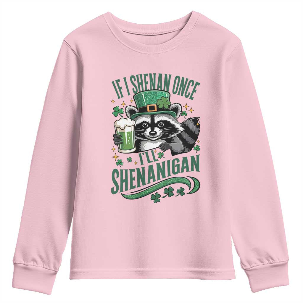 Funny St Patricks Day Raccoon Drinking Beer Youth Sweatshirt If I Shenan Once I'll Shenanigan