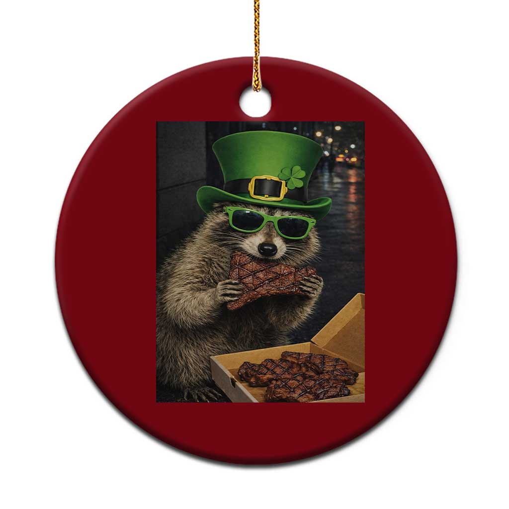 Funny Raccoon St Patrick's Day Ceramic Ornament Raccoon Eating Corned Beef Meme