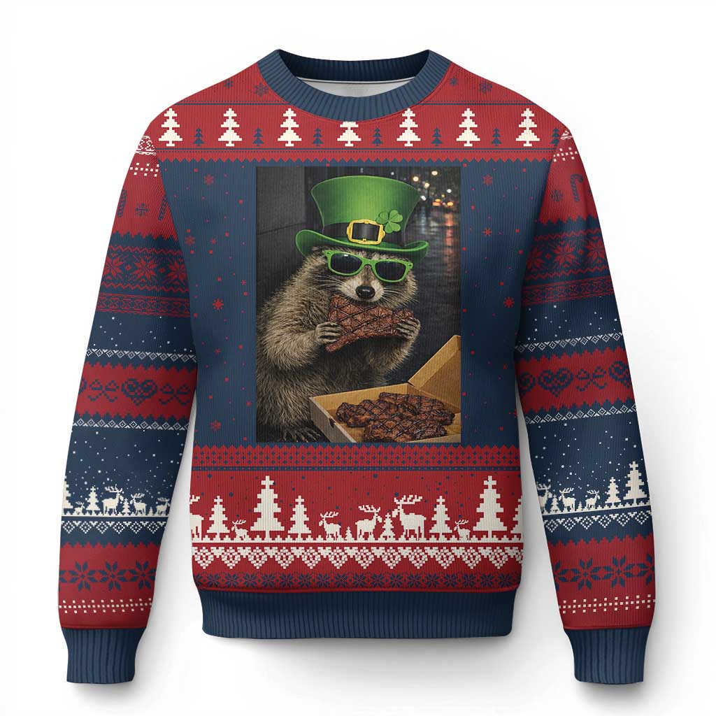Funny Raccoon St Patrick's Day Ugly Christmas Sweater Raccoon Eating Corned Beef Meme