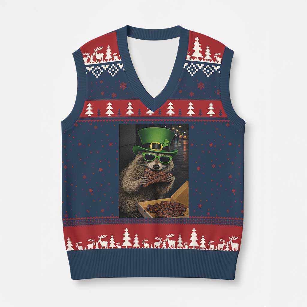 Funny Raccoon St Patrick's Day V-Neck Knit Sweater Vest Raccoon Eating Corned Beef Meme