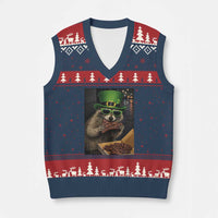 Funny Raccoon St Patrick's Day V-Neck Knit Sweater Vest Raccoon Eating Corned Beef Meme