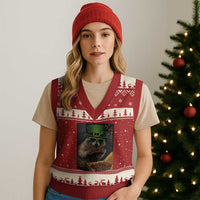 Funny Raccoon St Patrick's Day V-Neck Knit Sweater Vest Raccoon Eating Corned Beef Meme
