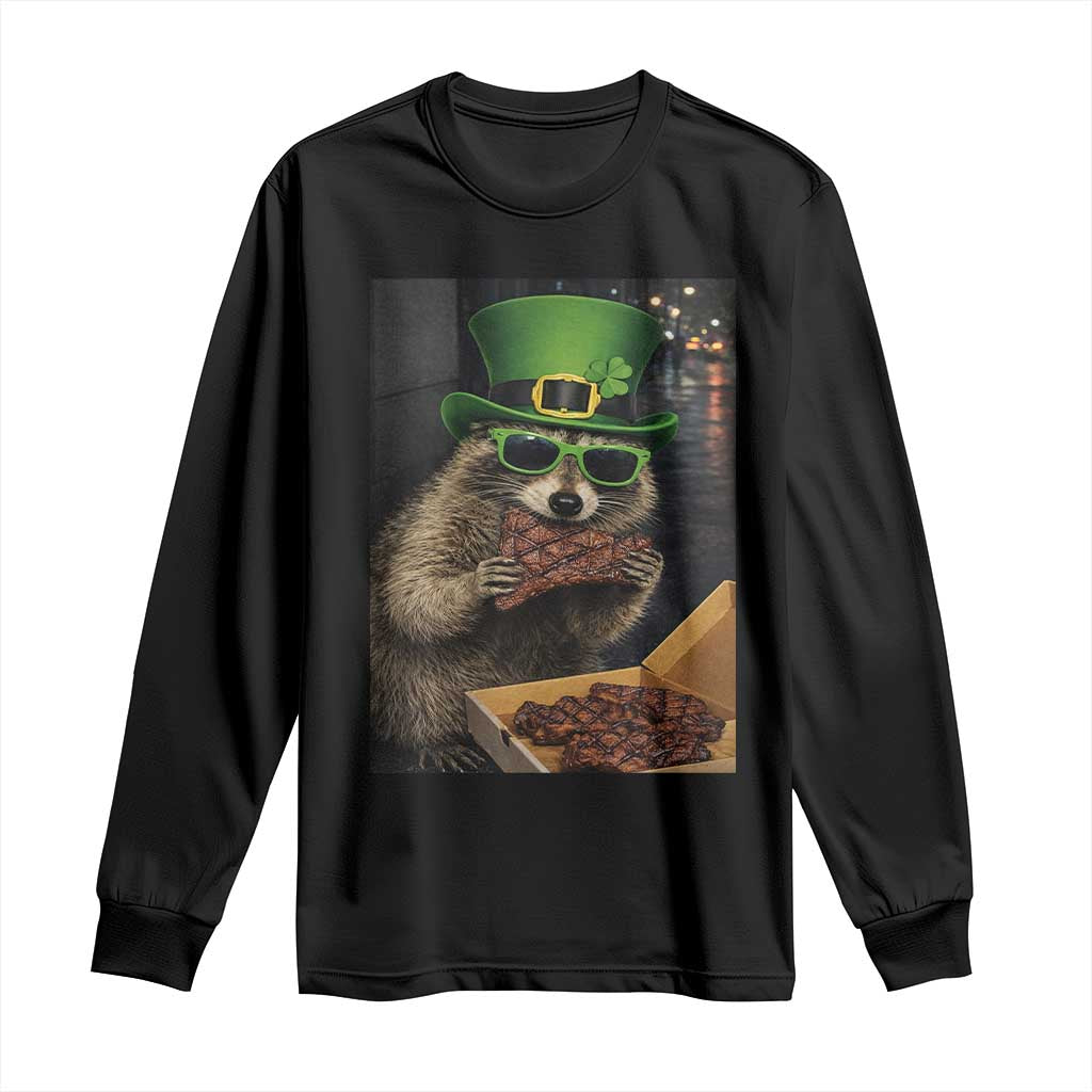Funny Raccoon St Patrick's Day Long Sleeve Shirt Raccoon Eating Corned Beef Meme