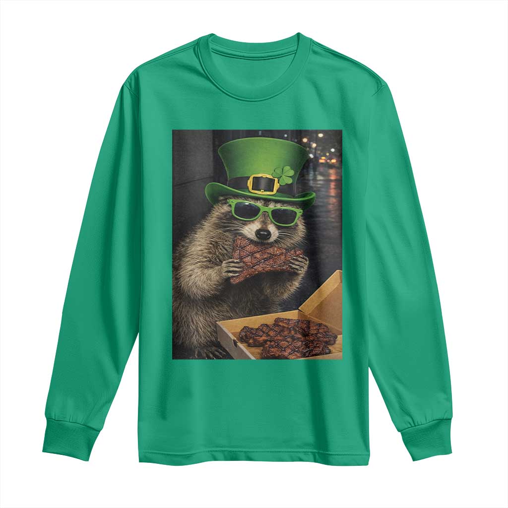 Funny Raccoon St Patrick's Day Long Sleeve Shirt Raccoon Eating Corned Beef Meme