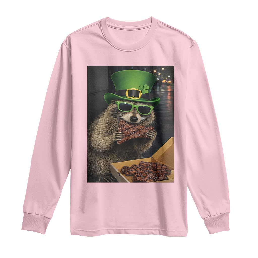 Funny Raccoon St Patrick's Day Long Sleeve Shirt Raccoon Eating Corned Beef Meme
