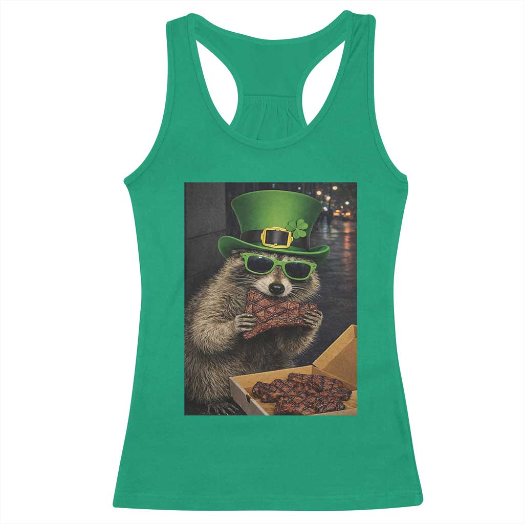 Funny Raccoon St Patrick's Day Racerback Tank Top Raccoon Eating Corned Beef Meme