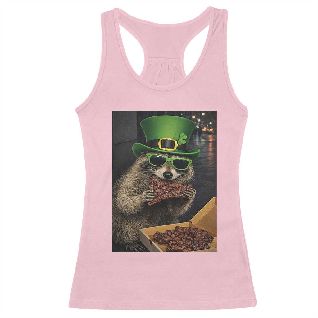 Funny Raccoon St Patrick's Day Racerback Tank Top Raccoon Eating Corned Beef Meme