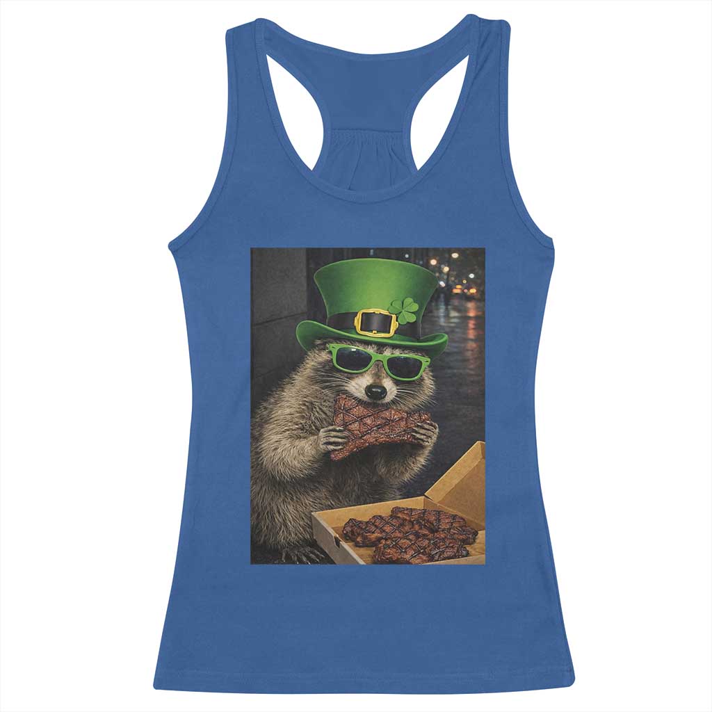 Funny Raccoon St Patrick's Day Racerback Tank Top Raccoon Eating Corned Beef Meme