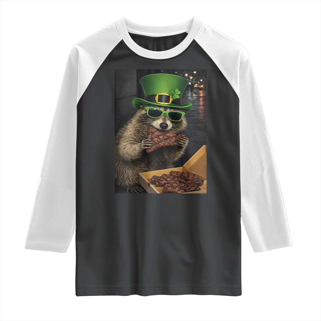 Funny Raccoon St Patrick's Day Raglan Shirt Raccoon Eating Corned Beef Meme