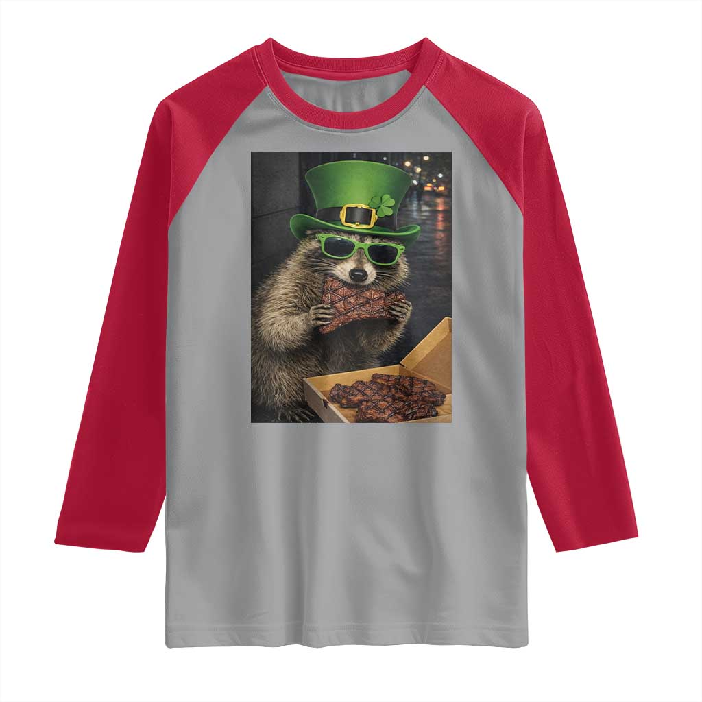 Funny Raccoon St Patrick's Day Raglan Shirt Raccoon Eating Corned Beef Meme