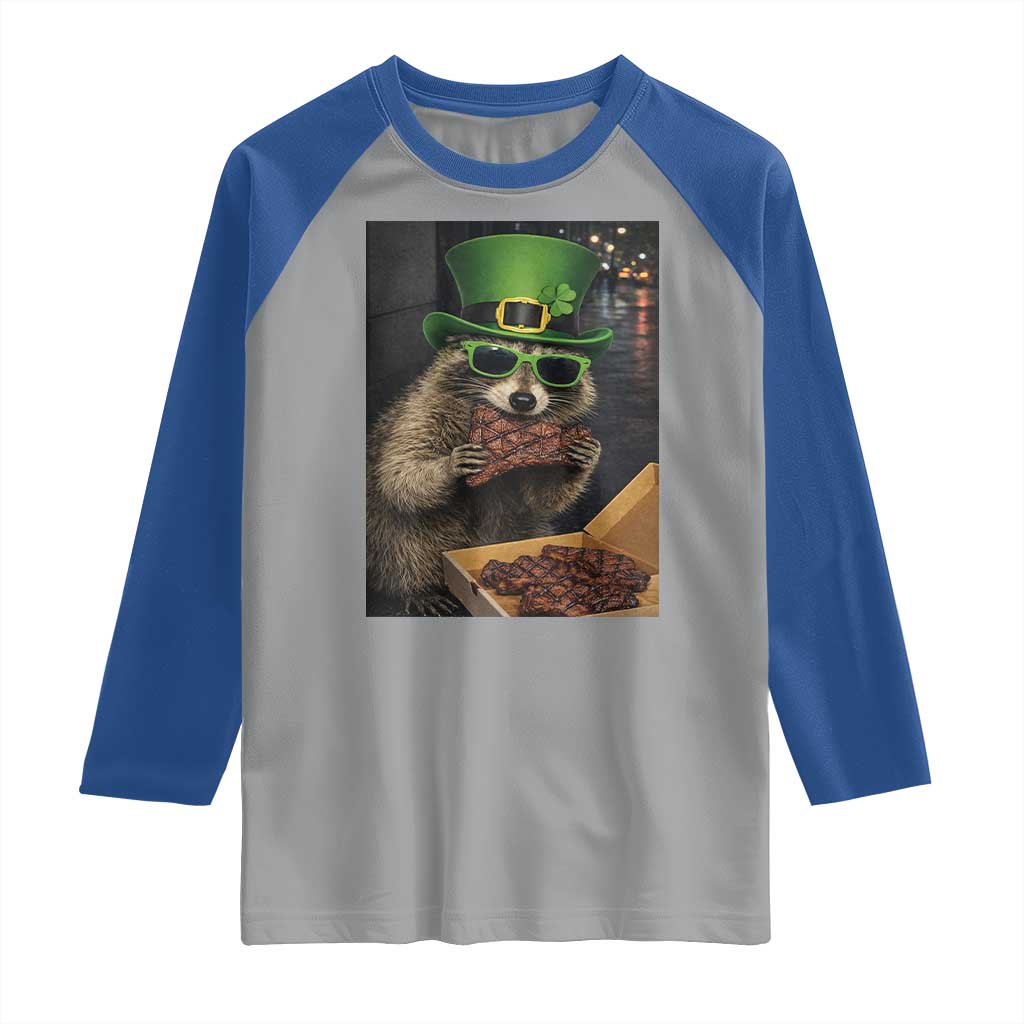Funny Raccoon St Patrick's Day Raglan Shirt Raccoon Eating Corned Beef Meme