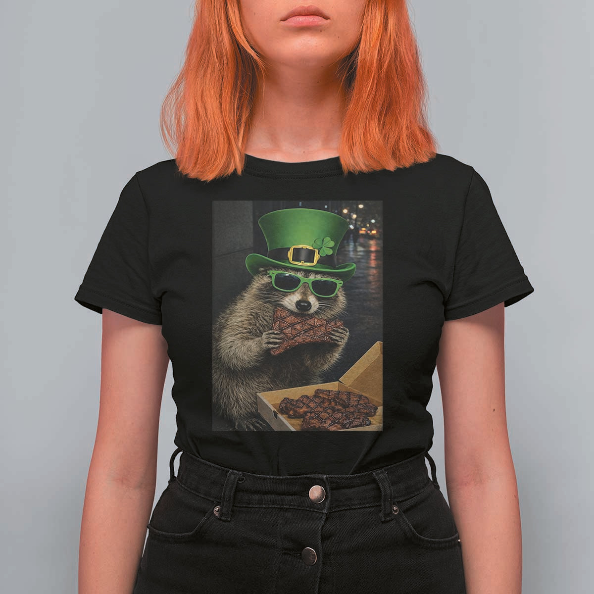 Funny Raccoon St Patrick's Day T Shirt For Women Raccoon Eating Corned Beef Meme
