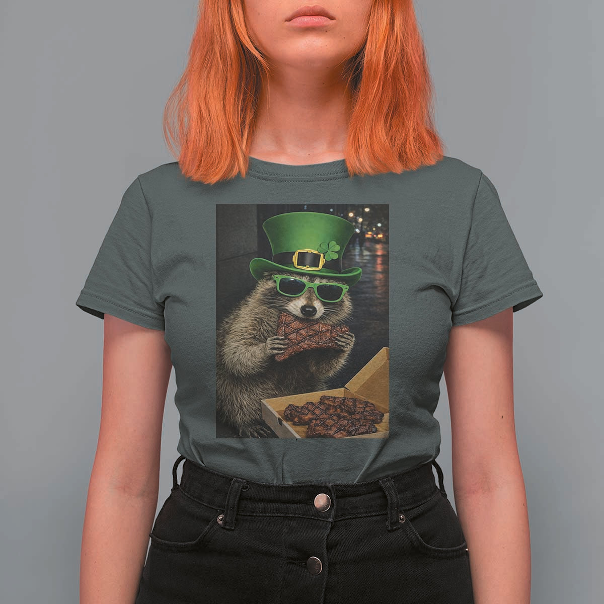 Funny Raccoon St Patrick's Day T Shirt For Women Raccoon Eating Corned Beef Meme