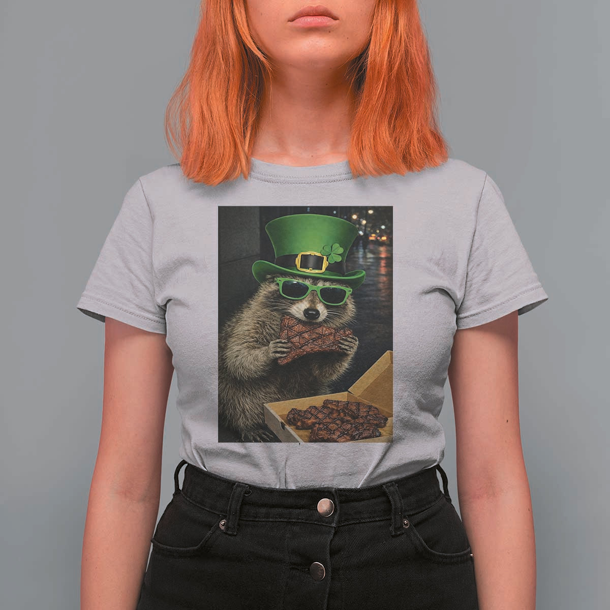 Funny Raccoon St Patrick's Day T Shirt For Women Raccoon Eating Corned Beef Meme