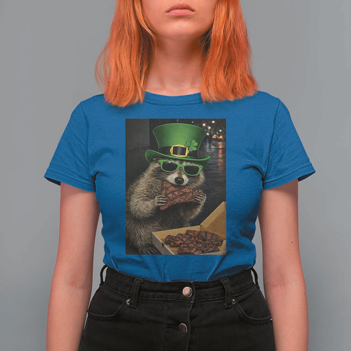 Funny Raccoon St Patrick's Day T Shirt For Women Raccoon Eating Corned Beef Meme