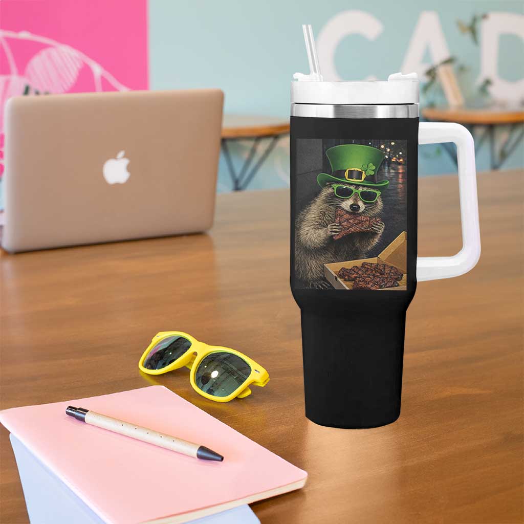 Funny Raccoon St Patrick's Day Tumbler With Handle Raccoon Eating Corned Beef Meme
