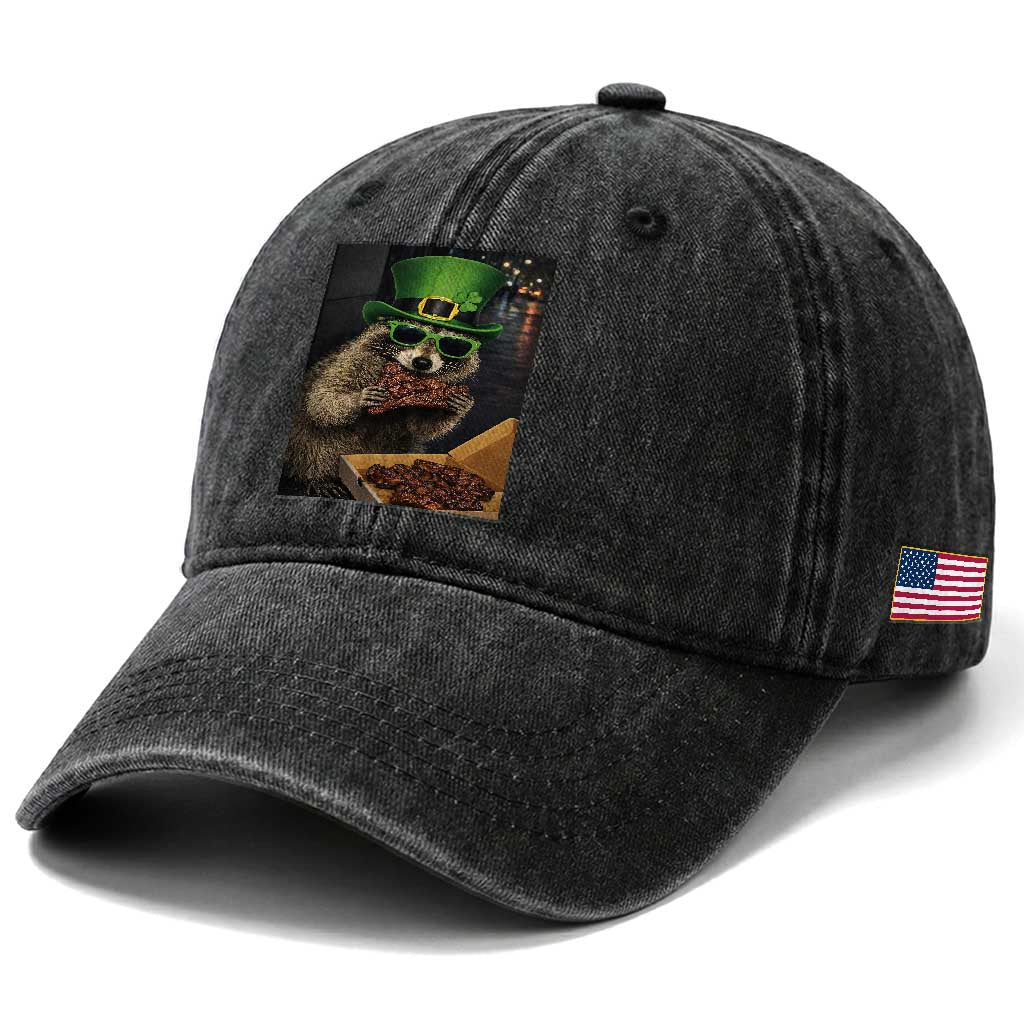 Funny Raccoon St Patrick's Day Washed Cotton Baseball Cap Raccoon Eating Corned Beef Meme