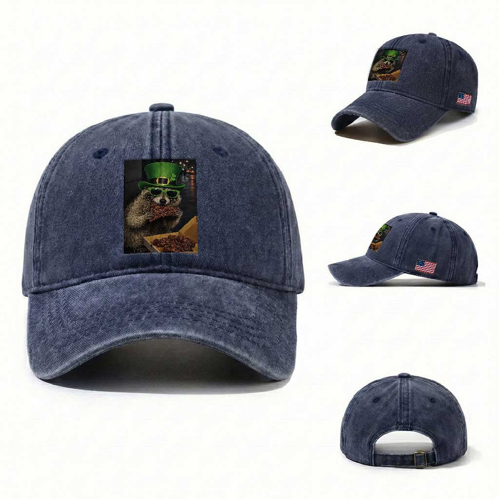 Funny Raccoon St Patrick's Day Washed Cotton Baseball Cap Raccoon Eating Corned Beef Meme