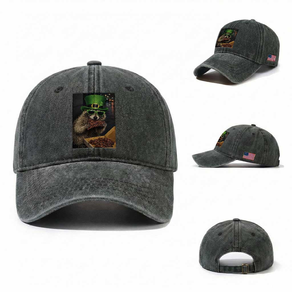 Funny Raccoon St Patrick's Day Washed Cotton Baseball Cap Raccoon Eating Corned Beef Meme
