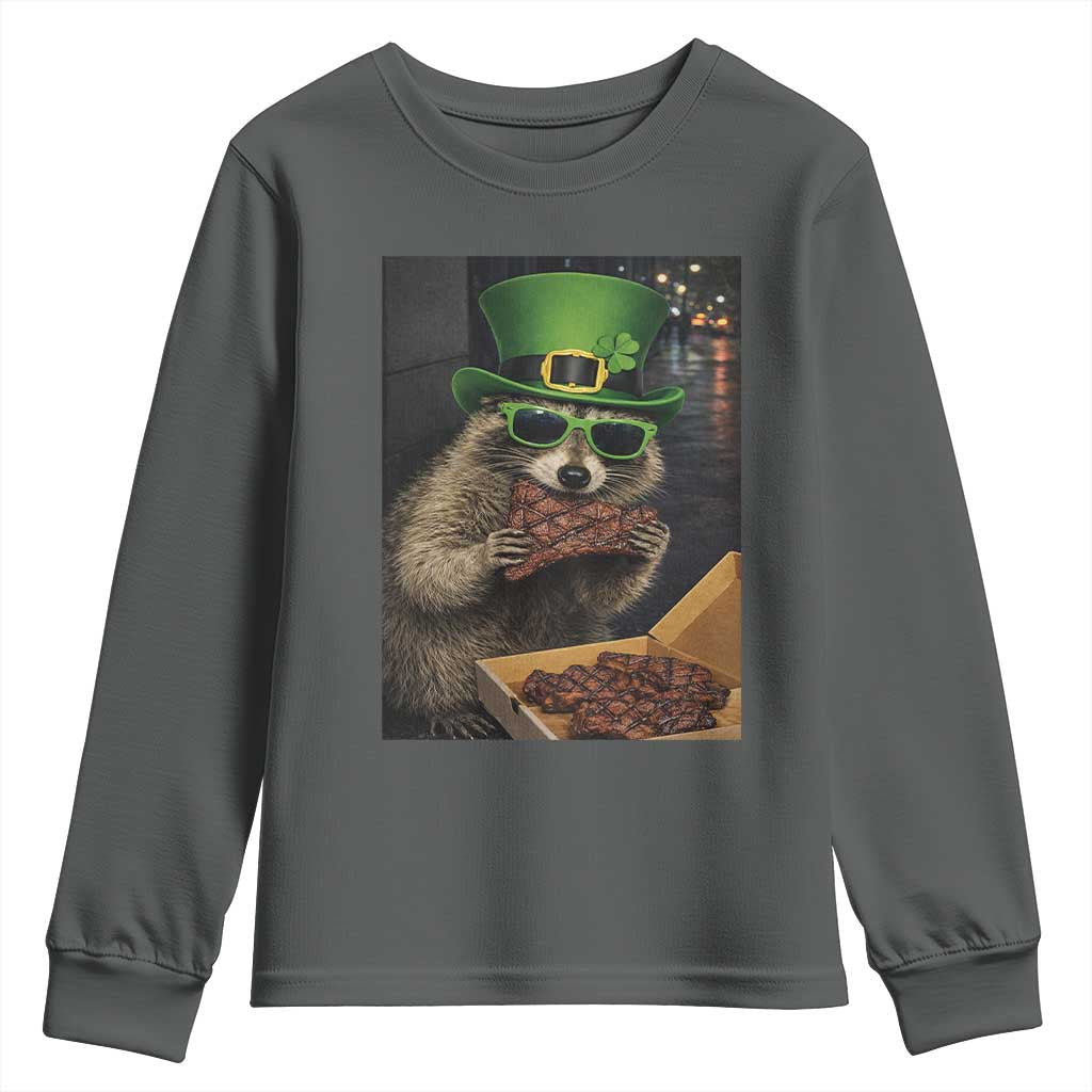 Funny Raccoon St Patrick's Day Youth Sweatshirt Raccoon Eating Corned Beef Meme