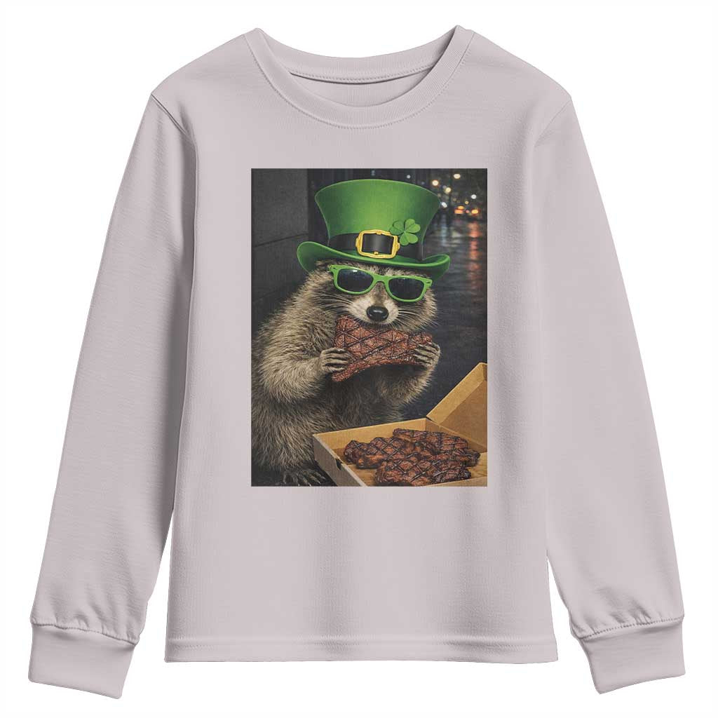 Funny Raccoon St Patrick's Day Youth Sweatshirt Raccoon Eating Corned Beef Meme
