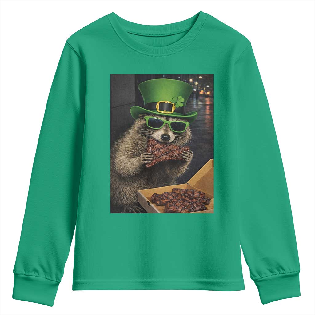 Funny Raccoon St Patrick's Day Youth Sweatshirt Raccoon Eating Corned Beef Meme