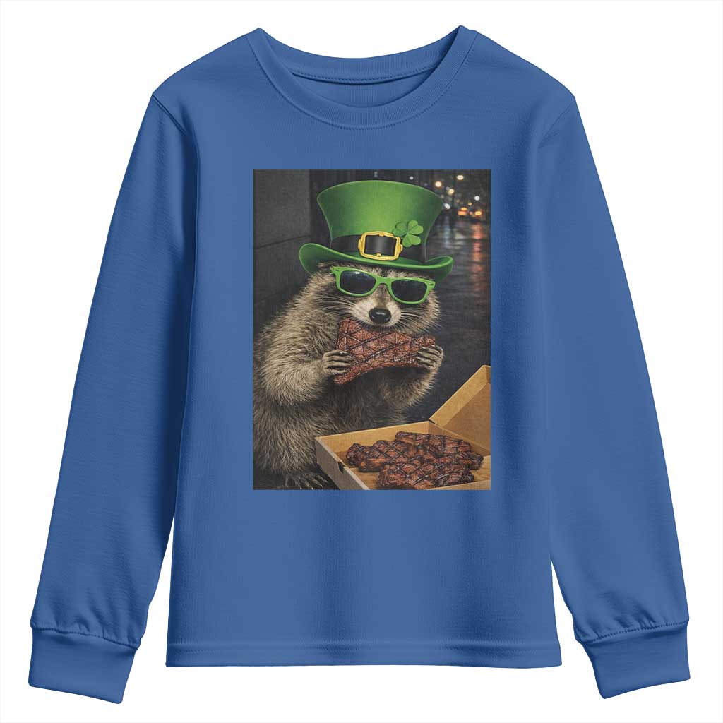 Funny Raccoon St Patrick's Day Youth Sweatshirt Raccoon Eating Corned Beef Meme