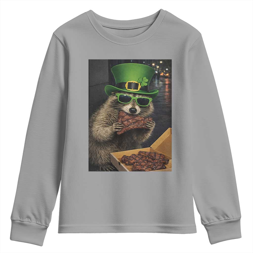 Funny Raccoon St Patrick's Day Youth Sweatshirt Raccoon Eating Corned Beef Meme
