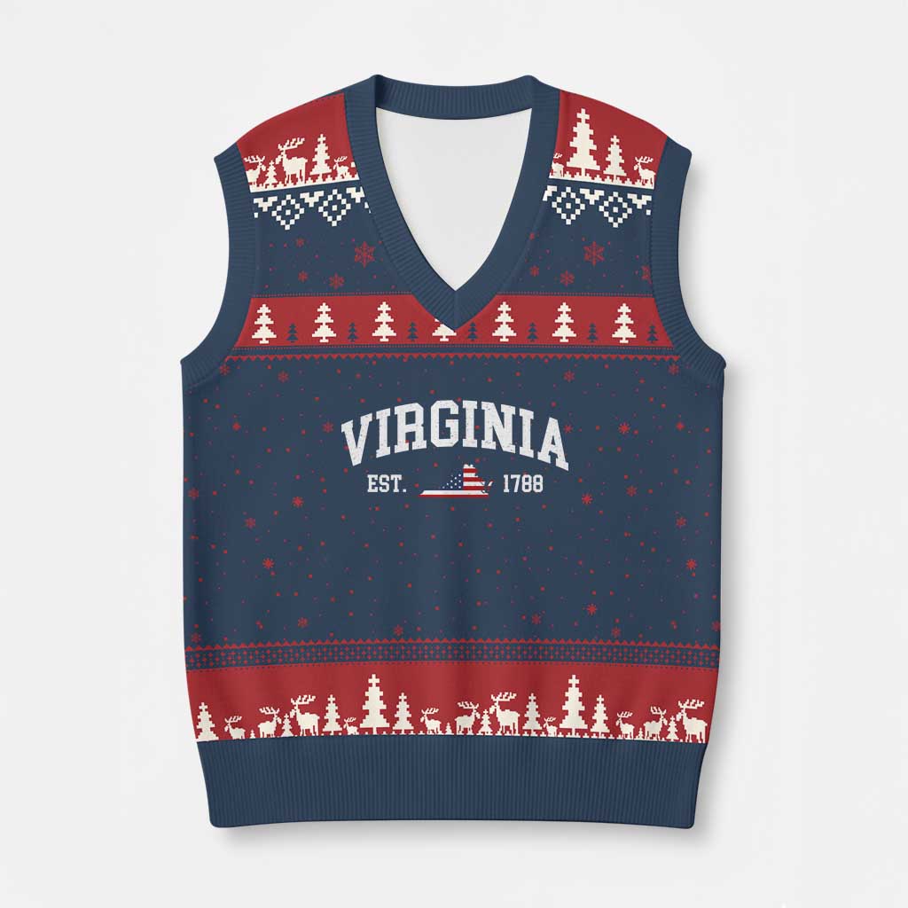 Virginia American Flag Map V-Neck Knit Sweater Vest State Travel Souvenir