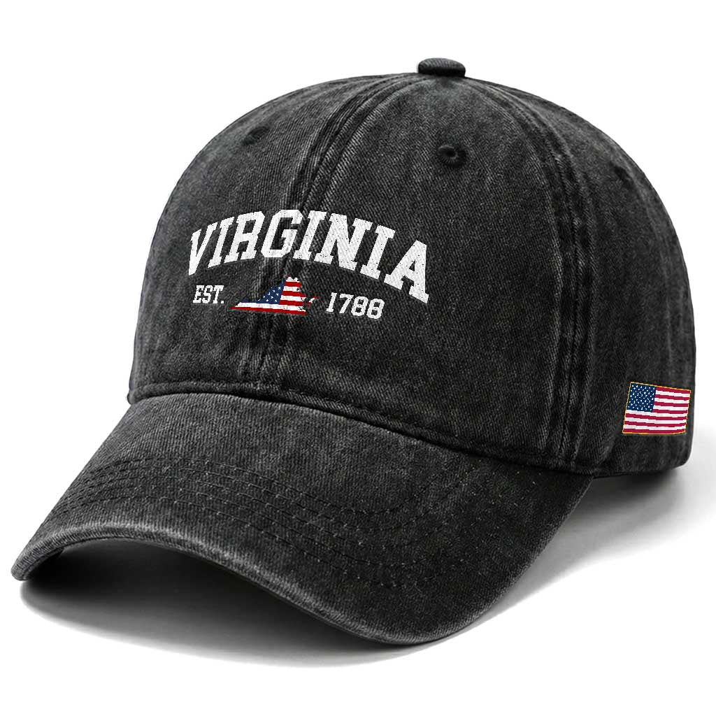 Virginia American Flag Map Washed Cotton Baseball Cap State Travel Souvenir