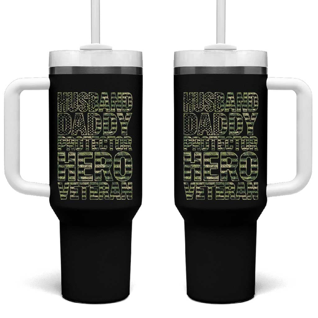 Husband Daddy Protector Hero Veteran Tumbler With Handle Father's Day American Flag Camouflage