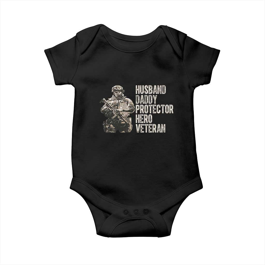 Husband Daddy Protector Hero Veteran Baby Onesie Patriotic American Flag Camo Father's Day