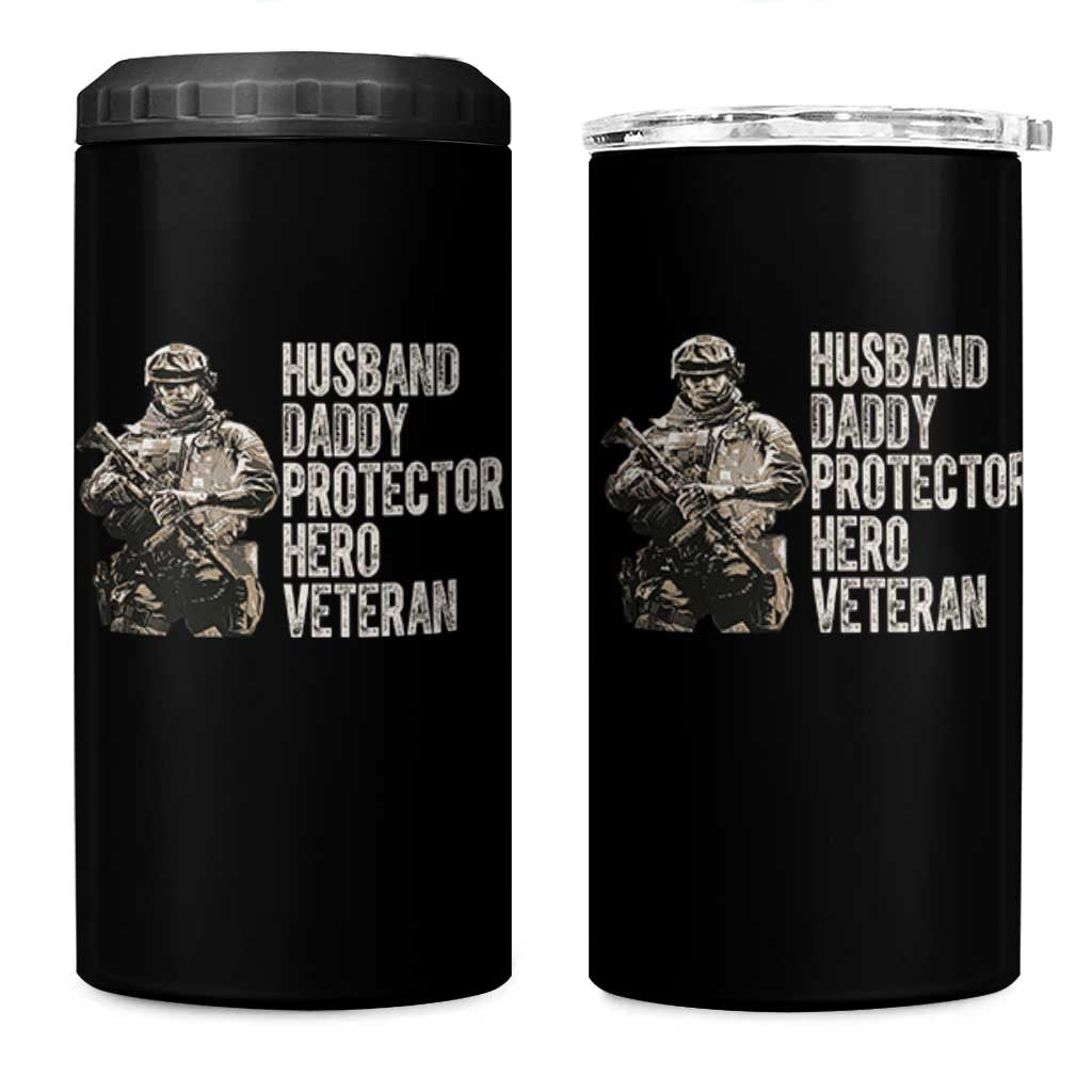 Husband Daddy Protector Hero Veteran 4 in 1 Can Cooler Tumbler Patriotic American Flag Camo Father's Day