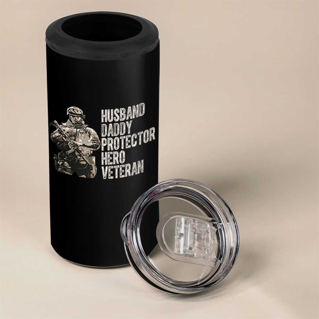 Husband Daddy Protector Hero Veteran 4 in 1 Can Cooler Tumbler Patriotic American Flag Camo Father's Day