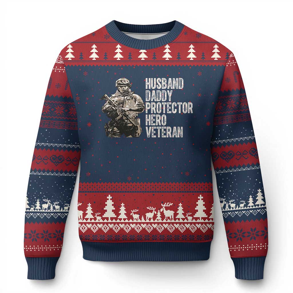 Husband Daddy Protector Hero Veteran Ugly Christmas Sweater Patriotic American Flag Camo Father's Day