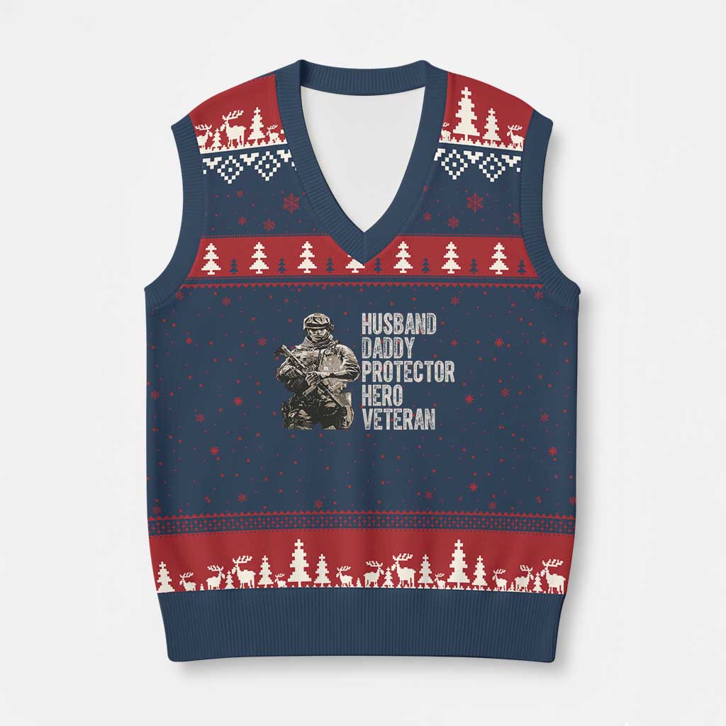 Husband Daddy Protector Hero Veteran V-Neck Knit Sweater Vest Patriotic American Flag Camo Father's Day