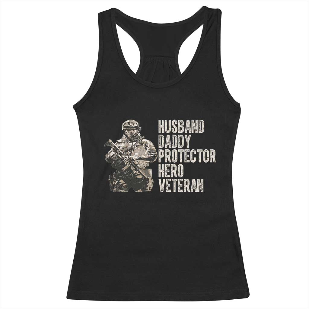 Husband Daddy Protector Hero Veteran Racerback Tank Top Patriotic American Flag Camo Father's Day