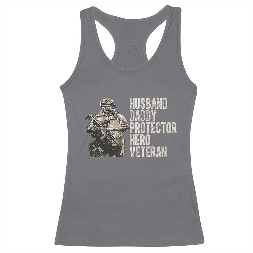Husband Daddy Protector Hero Veteran Racerback Tank Top Patriotic American Flag Camo Father's Day