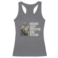 Husband Daddy Protector Hero Veteran Racerback Tank Top Patriotic American Flag Camo Father's Day