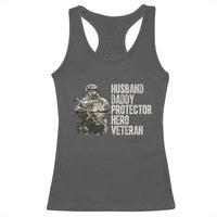 Husband Daddy Protector Hero Veteran Racerback Tank Top Patriotic American Flag Camo Father's Day