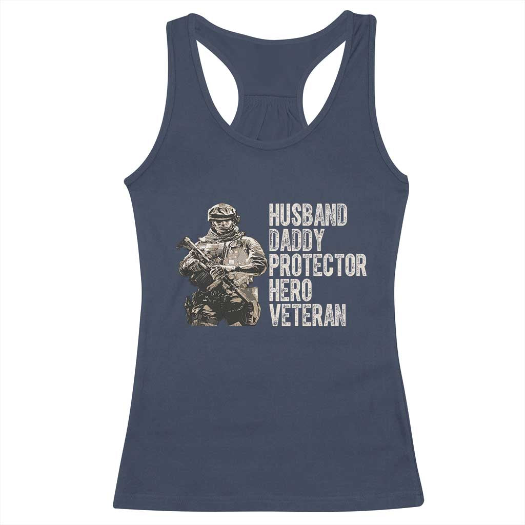 Husband Daddy Protector Hero Veteran Racerback Tank Top Patriotic American Flag Camo Father's Day