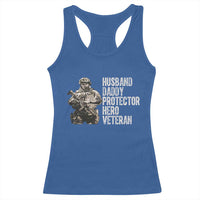 Husband Daddy Protector Hero Veteran Racerback Tank Top Patriotic American Flag Camo Father's Day