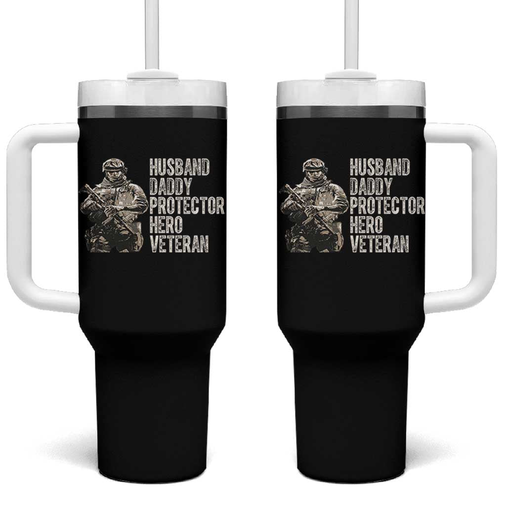 Husband Daddy Protector Hero Veteran Tumbler With Handle Patriotic American Flag Camo Father's Day