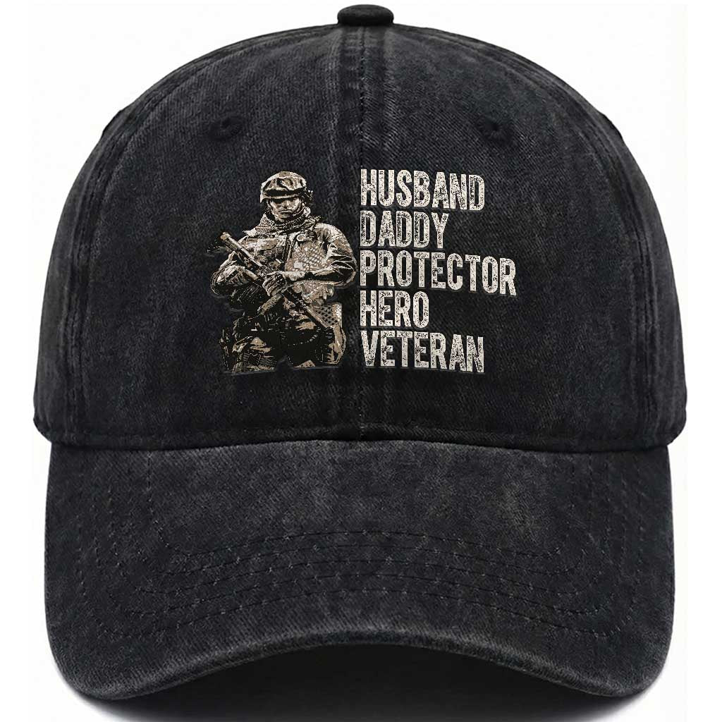 Husband Daddy Protector Hero Veteran Washed Cotton Baseball Cap Patriotic American Flag Camo Father's Day