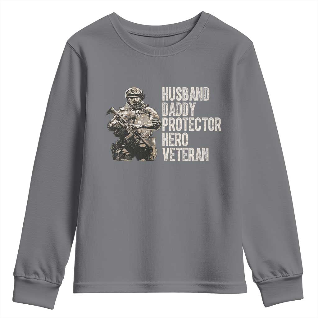 Husband Daddy Protector Hero Veteran Youth Sweatshirt Patriotic American Flag Camo Father's Day