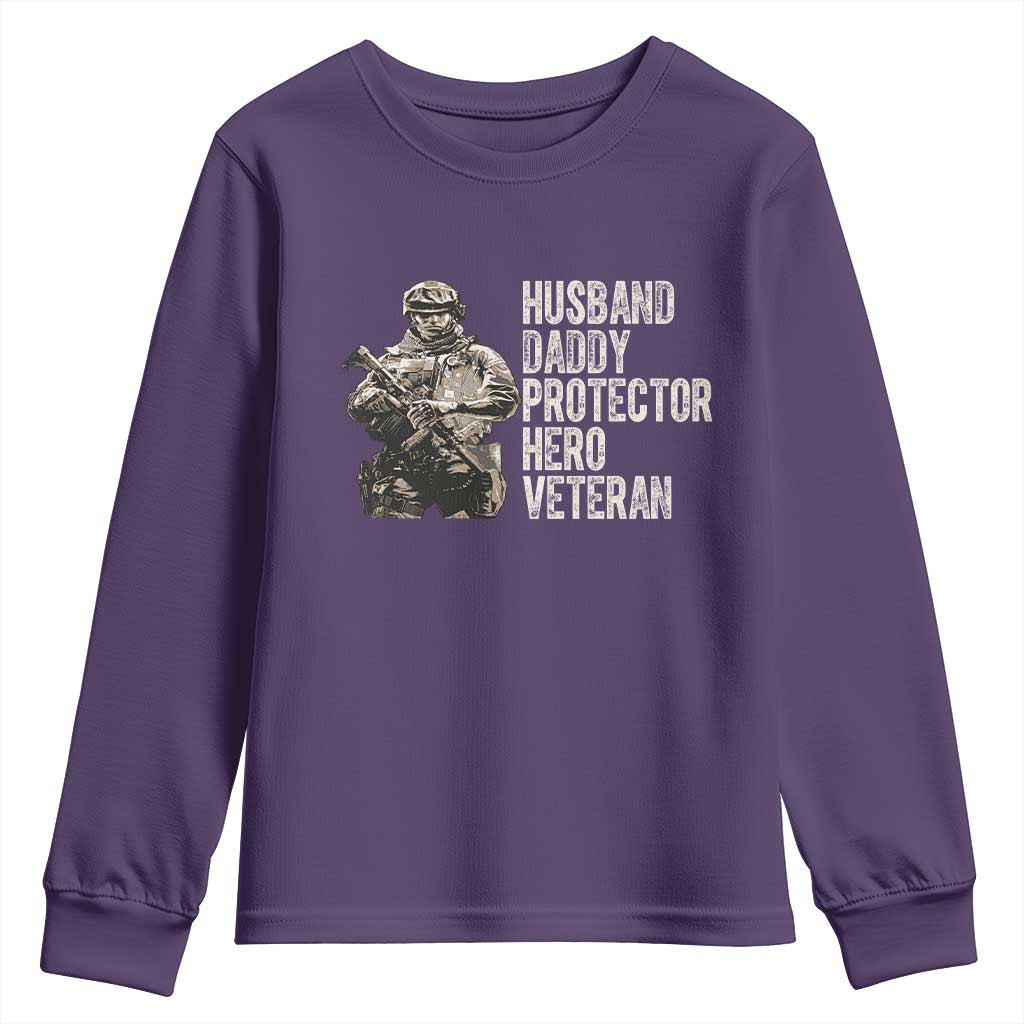 Husband Daddy Protector Hero Veteran Youth Sweatshirt Patriotic American Flag Camo Father's Day