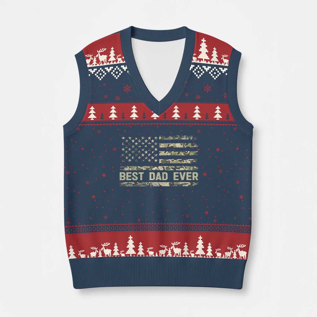 Best Dad Ever V-Neck Knit Sweater Vest Military Dad American Flag Camo