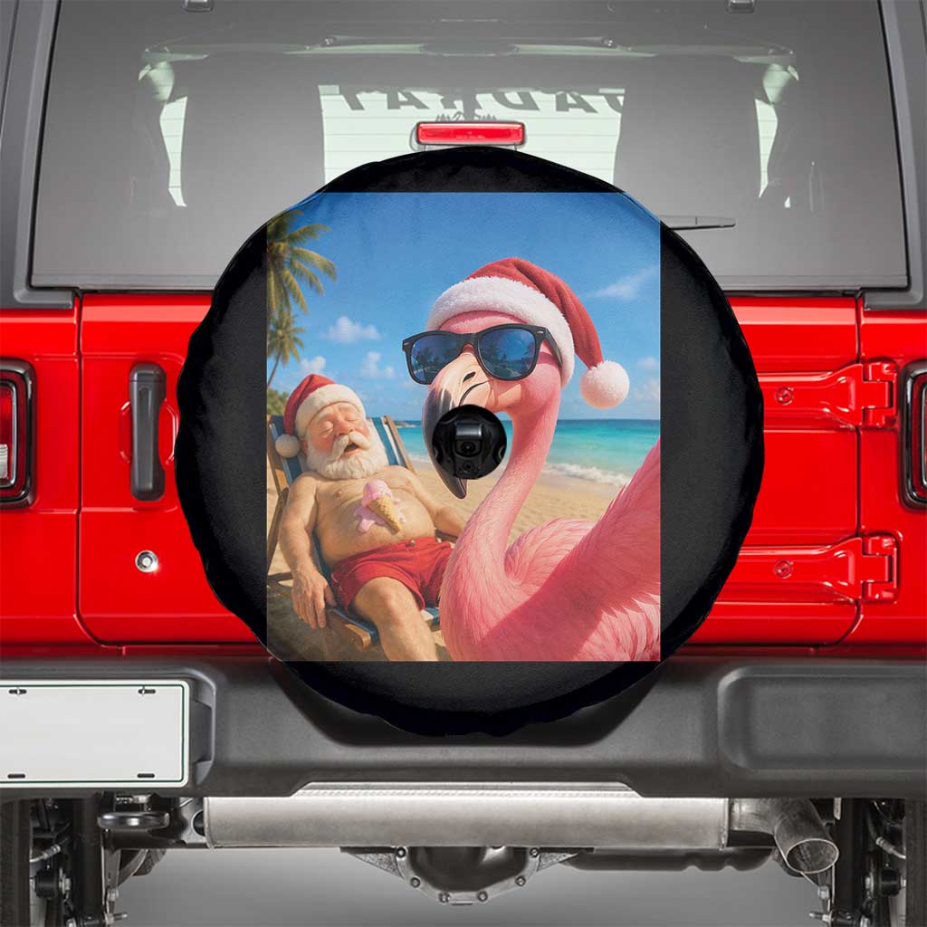 Funny Flamingo Beach Selfie Spare Tire Cover Christmas in July