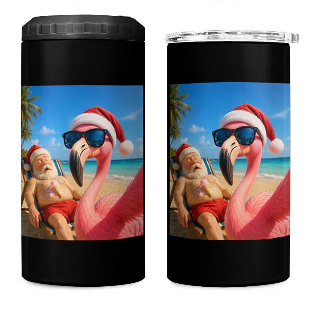 Funny Flamingo Beach Selfie 4 in 1 Can Cooler Tumbler Christmas in July