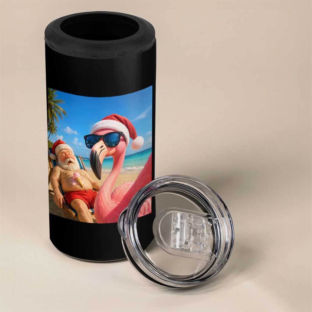 Funny Flamingo Beach Selfie 4 in 1 Can Cooler Tumbler Christmas in July